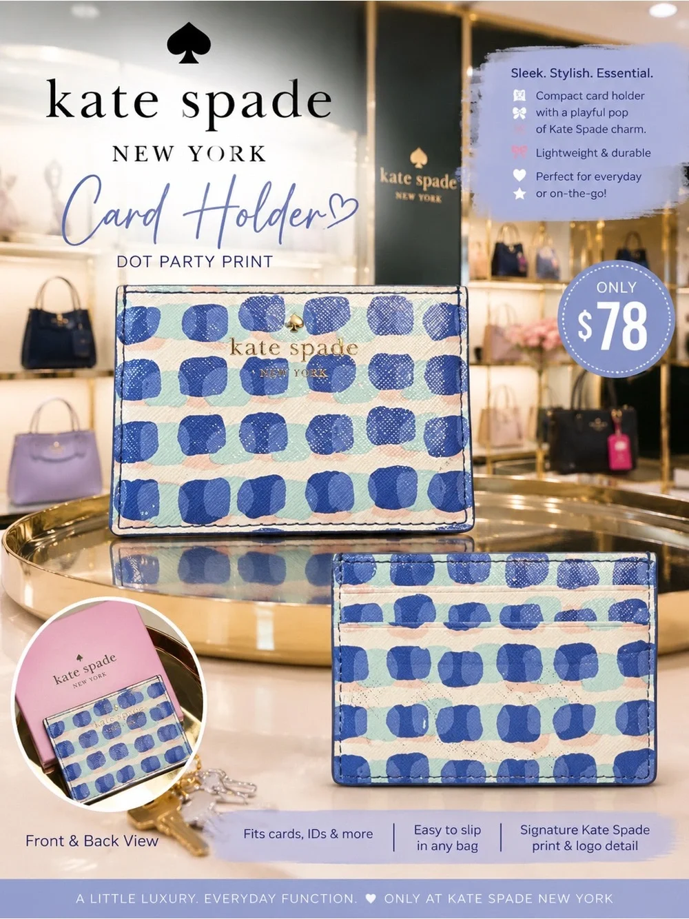 kate spade Blue & Cream Dot Print Card Holder
